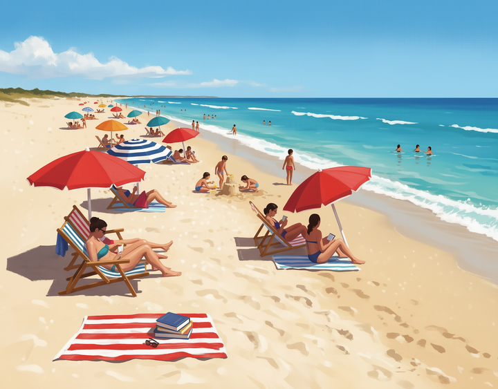 A sunny beach scene with people relaxing under colorful umbrellas and sitting on deck chairs. Some are reading, while others are swimming in the clear blue ocean. A red and white striped towel with books and sunglasses is in the foreground, adding to the leisurely atmosphere.