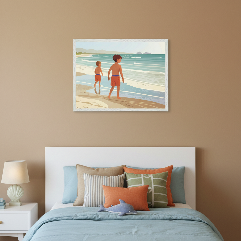 Kid's bedroom with a white bed and blue bedding. A framed illustration of two boys walking on a sandy beach by the ocean, with distant mountains, hangs centered above the bed. A white nightstand with a shell-shaped lamp is on the left.