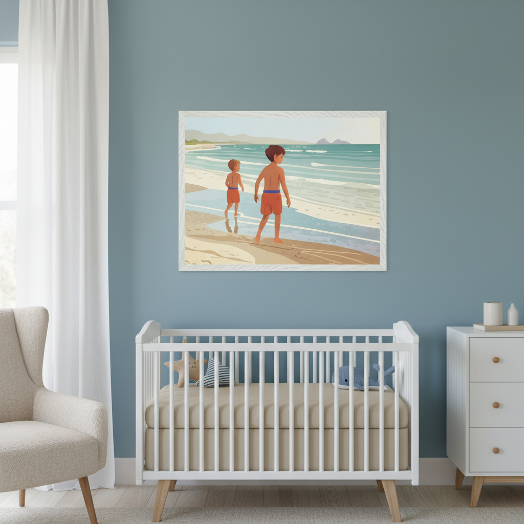 Modern nursery with a blue wall. A white crib with a beige mattress is below a large framed, stylized print of two boys in red swim trunks on a sandy beach by the ocean. A cream armchair is to the left, and a white dresser to the right.