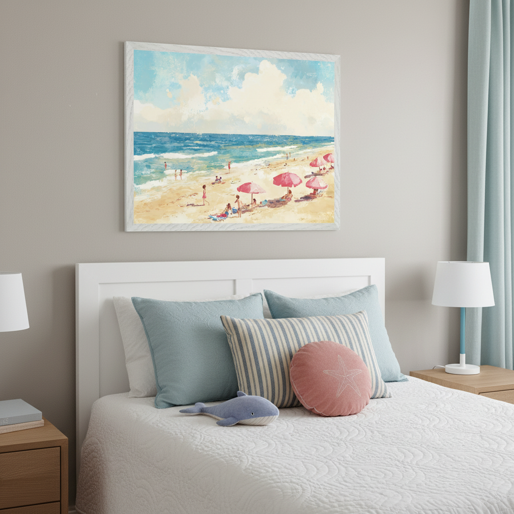 Modern nursery with a white crib in the foreground. Above it, a framed painterly beach scene with people, red umbrellas, blue ocean, and cloudy sky. A light blue armchair sits in the background.