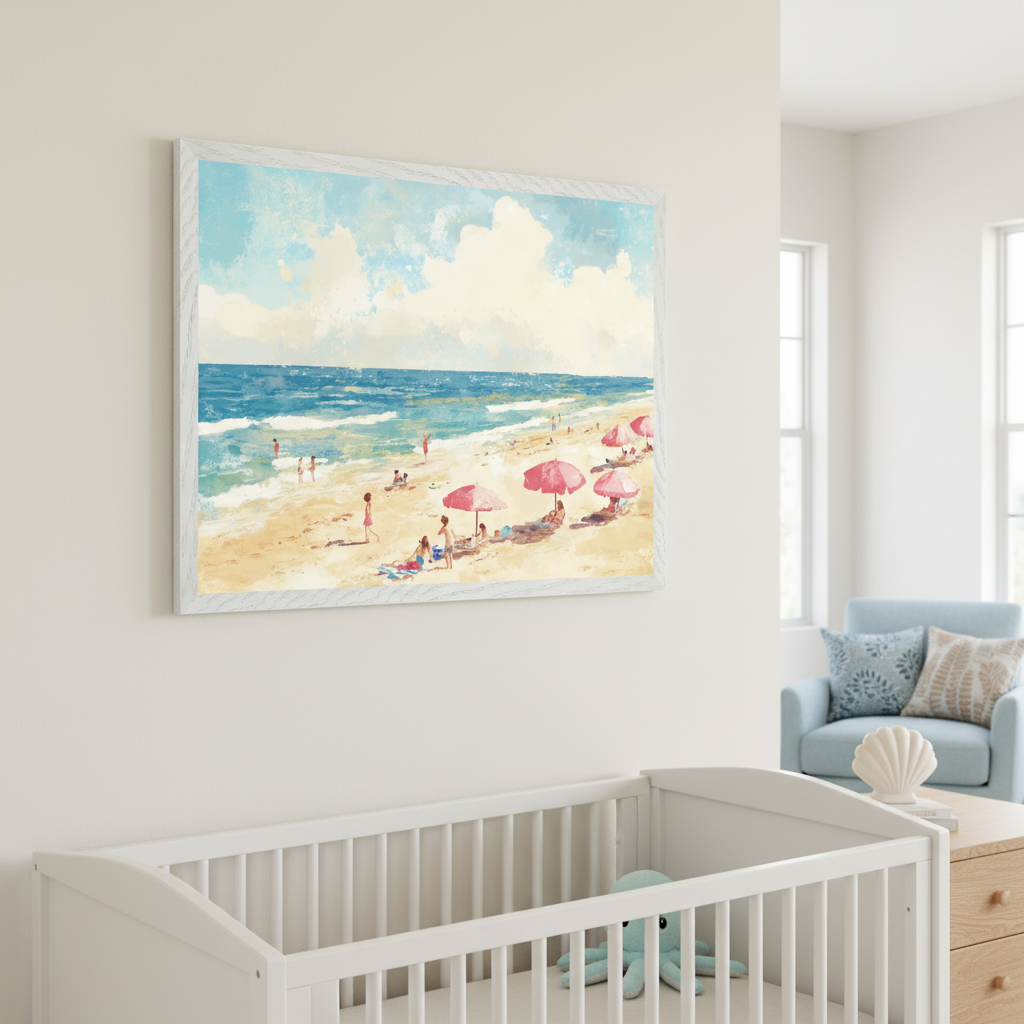Coastal bedroom with a white headboard and bed. A framed painting of a sandy beach scene with blue ocean, white clouds, red umbrellas, and people is centered above the headboard. Blue and striped pillows on the bed.
