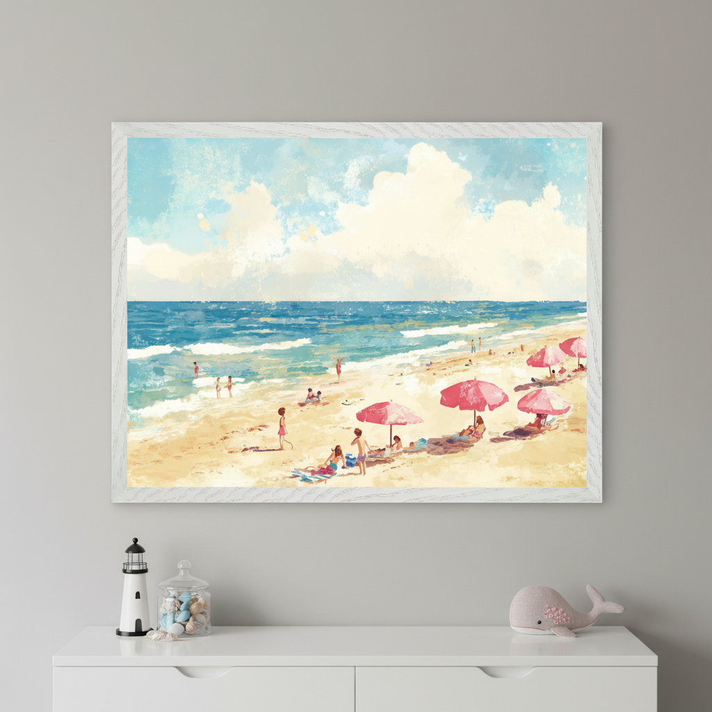 Child's room with a white dresser. A large, white-framed painting of a sunny beach scene with blue waves, small people, and pink beach umbrellas in a painterly style hangs centered above the dresser. A lighthouse and a pink whale toy are on the dresser.