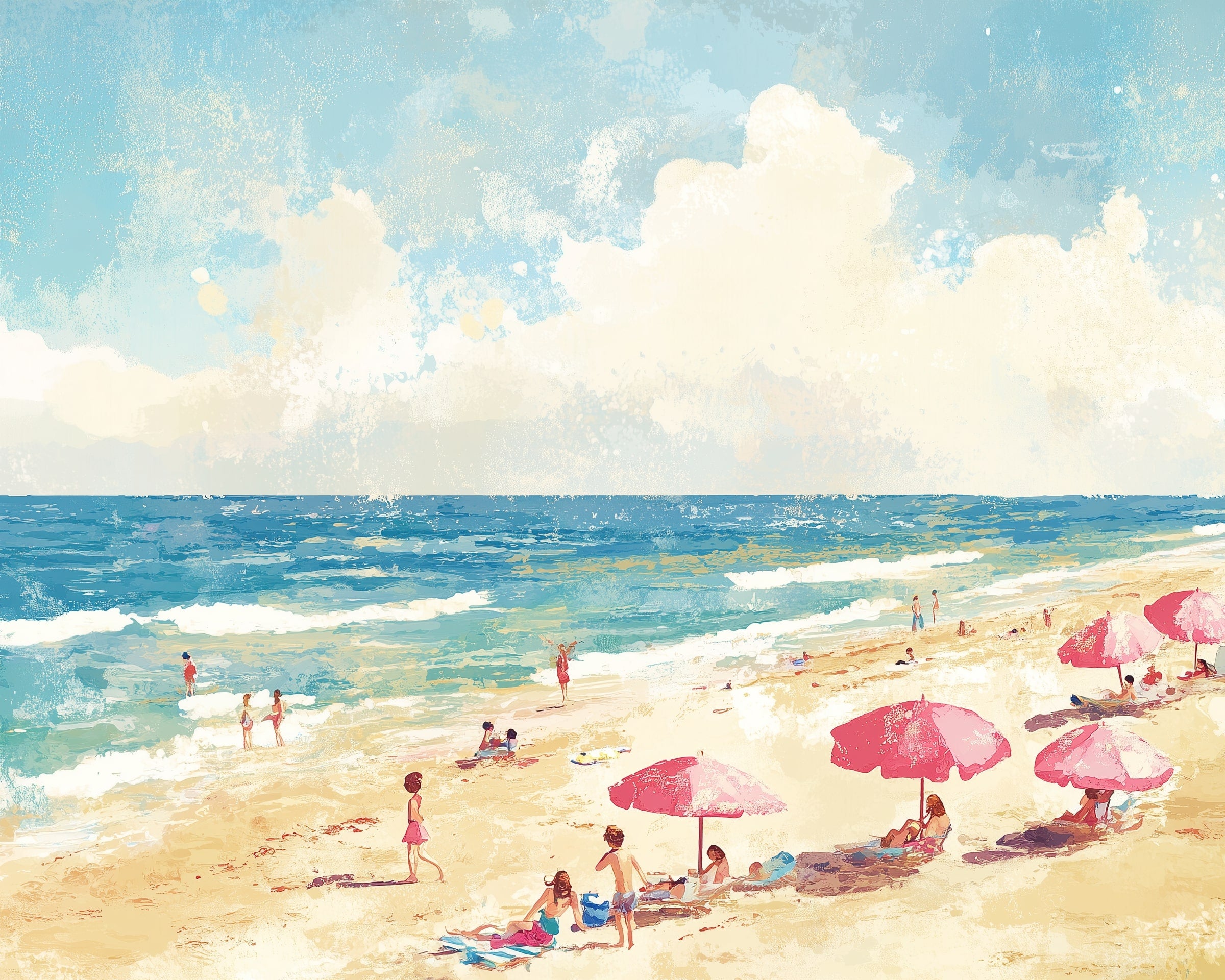 A vibrant beach scene features people relaxing under pink umbrellas on golden sand, while others enjoy the ocean waves under a bright blue sky dotted with fluffy clouds.