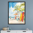A vibrant watercolor-style art shows three boys on a sunny beach near a lifeguard hut, with four colorful surfboards—blue, white, yellow, and red—propped against the building. The scene is framed by palm trees and a bright blue sky, evoking a laid-back, tropical surf vibe.