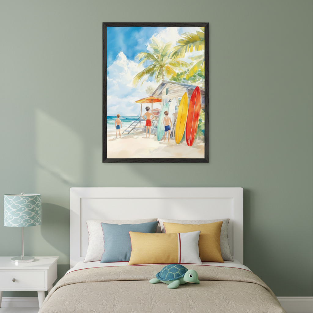 Kid's bedroom with a white headboard bed and white nightstand. A black-framed watercolor painting of boys at a beach shack with colorful surfboards and palm trees hangs above the bed.