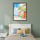 Kid's bedroom with a white headboard bed and white nightstand. A black-framed watercolor painting of boys at a beach shack with colorful surfboards and palm trees hangs above the bed.