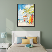 Kid's bedroom with a white headboard bed and white nightstand. A black-framed watercolor painting of boys at a beach shack with colorful surfboards and palm trees hangs above the bed.