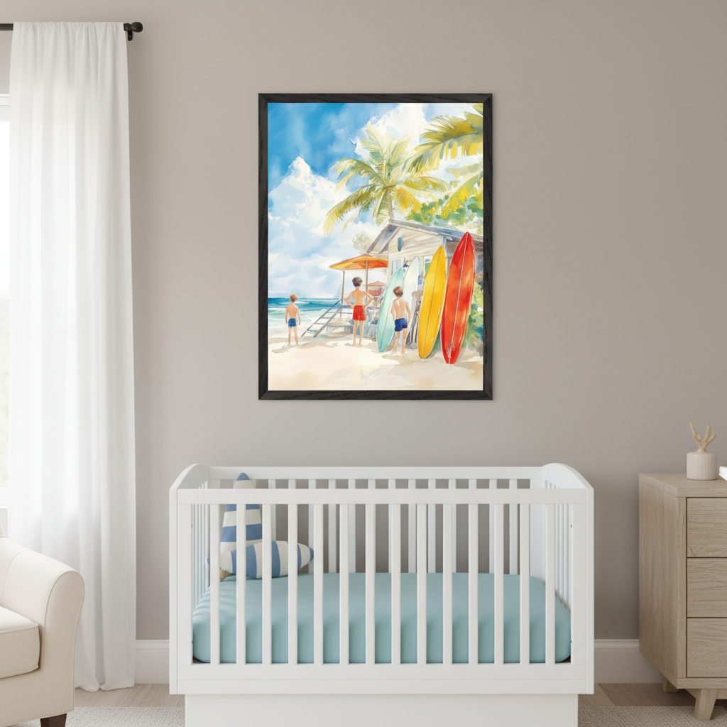 Modern nursery with a white crib and light wood dresser. A large framed watercolor print depicting three boys, colorful surfboards, a beach shack, and palm trees on a sunny beach hangs above the crib and dresser.