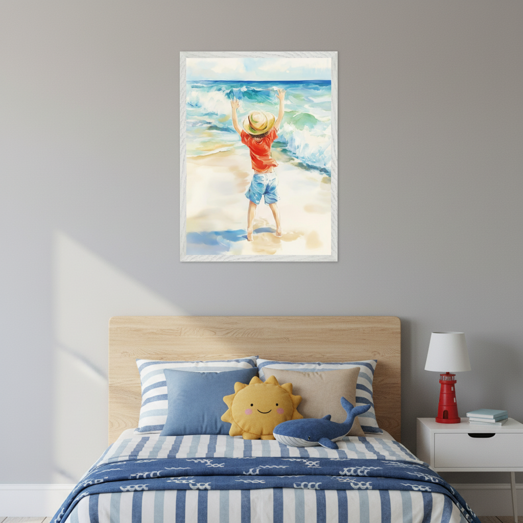 Kid's bedroom with a wooden headboard bed and blue striped bedding. A white framed watercolor painting of a child in a straw hat and red shirt, standing on a beach with ocean waves, arms raised, hangs above the bed.