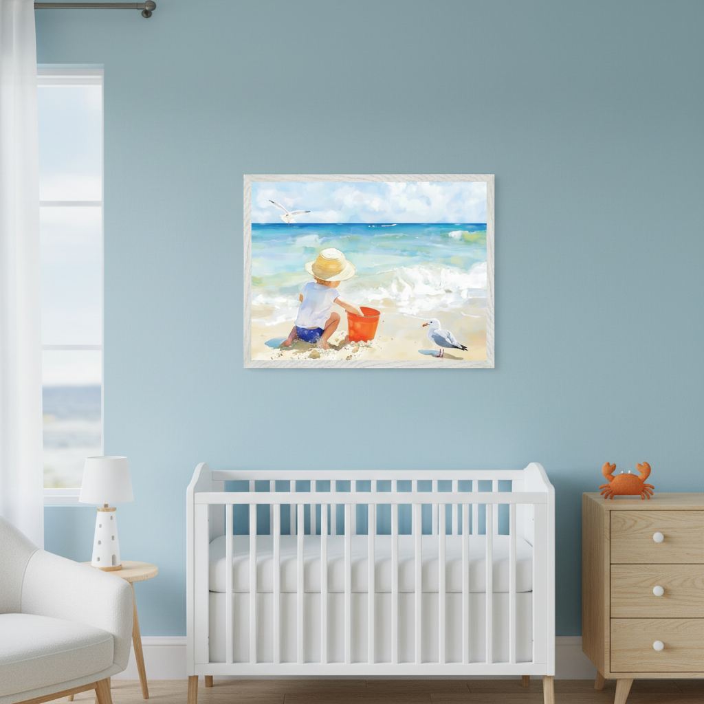 Modern nursery with a white crib and light wood dresser. A framed painterly artwork of a child playing in the sand with a red bucket at the beach, with seagulls, hangs above the crib on a light blue wall.
