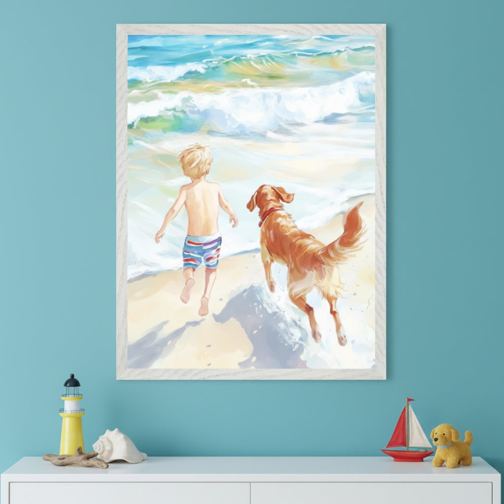 Playful watercolor-style illustration captures a young child in striped swim trunks running alongside a golden retriever toward foamy ocean waves. The framed artwork hangs on a teal wall above a dresser decorated with nautical toys, evoking a joyful beach day scene.