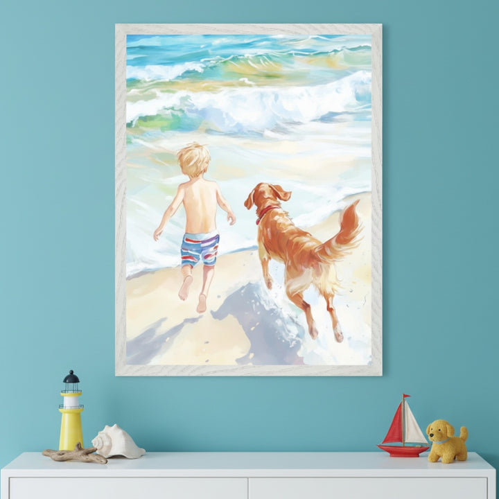 Playful watercolor-style illustration captures a young child in striped swim trunks running alongside a golden retriever toward foamy ocean waves. The framed artwork hangs on a teal wall above a dresser decorated with nautical toys, evoking a joyful beach day scene.