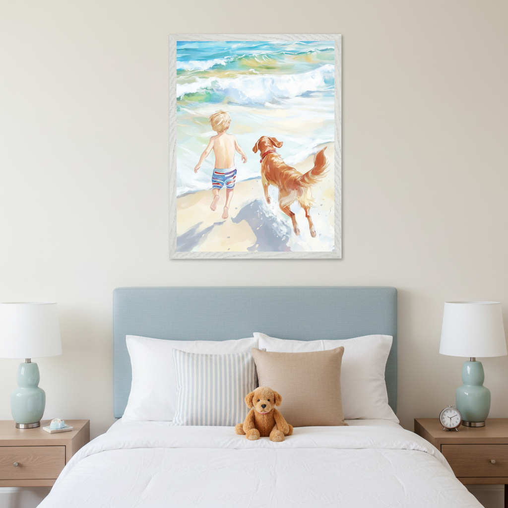 Kid's bedroom with a bed and light blue headboard. A large framed watercolor painting of a boy and a golden retriever running into ocean waves hangs centered above the bed. Two nightstands with lamps flank the bed.
