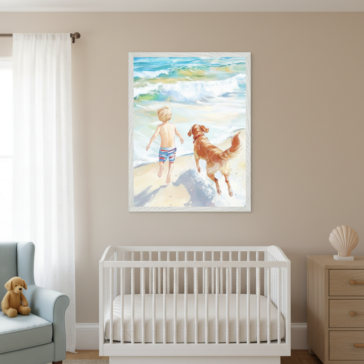 Nursery with beige walls. A white framed watercolor painting of a boy and a golden retriever running into ocean waves on a beach hangs above the right side of a white crib. A light blue armchair with a teddy bear is on the left, and a wooden dresser is on the right.