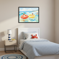 Nautical kid's bedroom with a white bed and blue striped bedding. A framed watercolor painting of three kids on inner tubes in the ocean hangs centered above the bed. A lighthouse lamp is on a nightstand, and a red crab plush is on the bed.