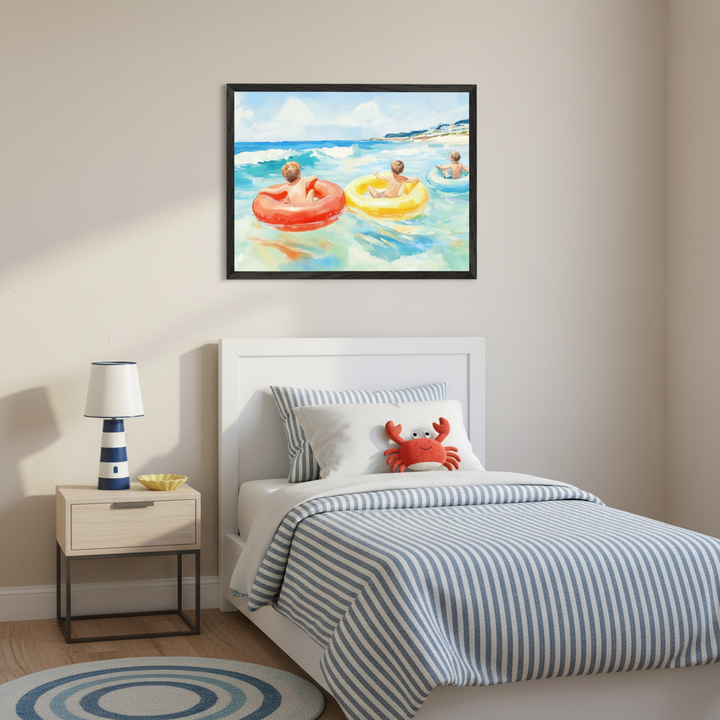 Nautical kid's bedroom with a white bed and blue striped bedding. A framed watercolor painting of three kids on inner tubes in the ocean hangs centered above the bed. A lighthouse lamp is on a nightstand, and a red crab plush is on the bed.