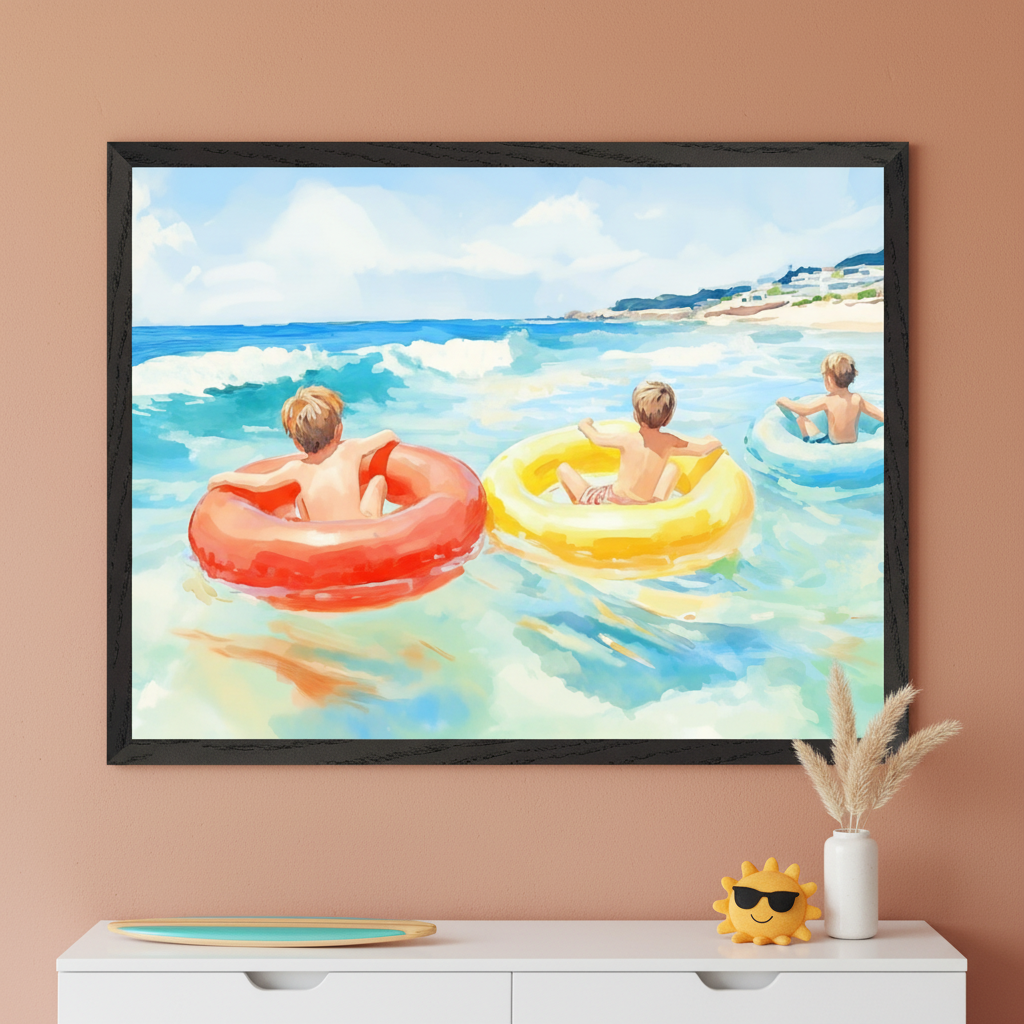 Beach Wall Art for Nursery, Playroom or Kids Bedrooms - Three Boys Floating in Colorful Tubes by the Ocean - Sunshine and Floats