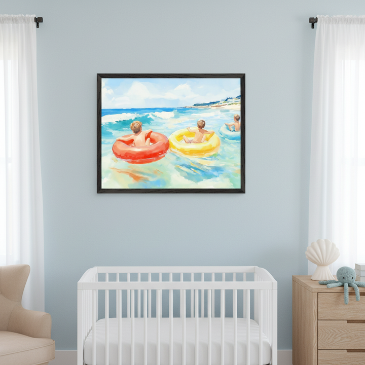 Modern nursery with a white crib, light wood dresser, and beige armchair. A large framed watercolor painting of three kids in inner tubes floating in the ocean hangs on a light blue wall, centered above the crib.