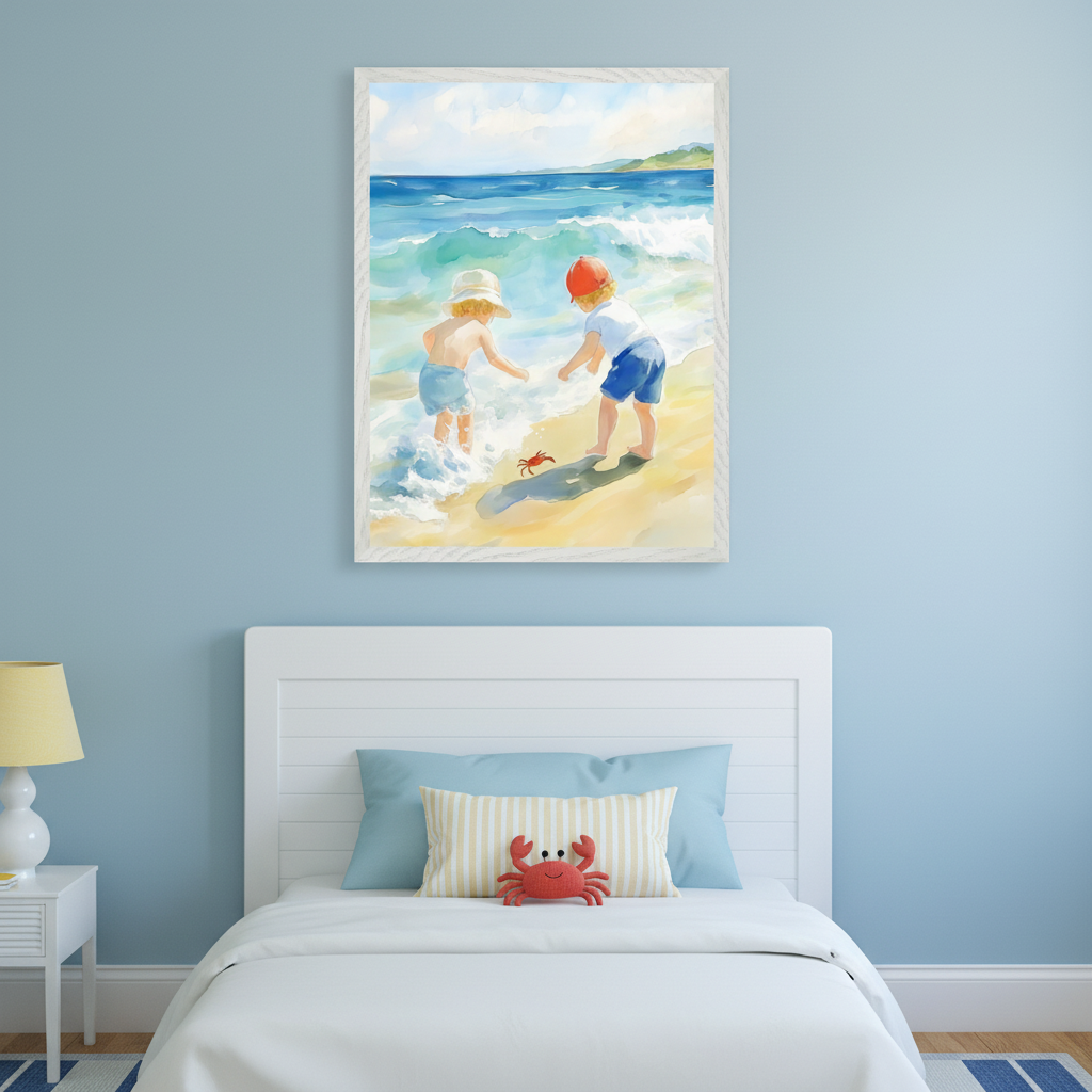 Kid's bedroom with a white bed, headboard, and nightstand. A framed watercolor painting of two children playing with a red crab on a sandy beach hangs above the bed.