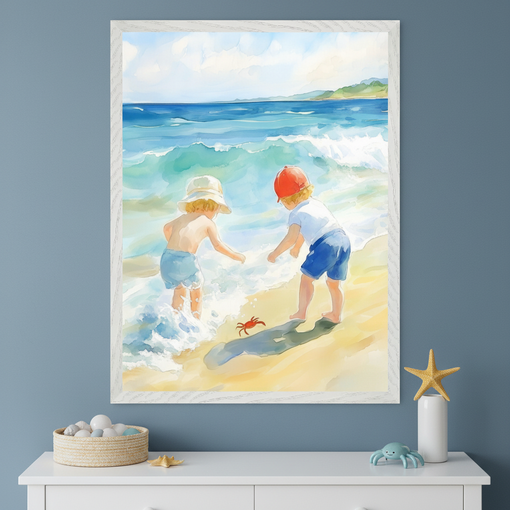 Two toddlers explore the edge of the surf, one reaching toward a red crab in the sand while the other stands ankle-deep in the water. The light-filled painting evokes curiosity and summer fun, displayed in a beachy room with starfish and sea creature accents.