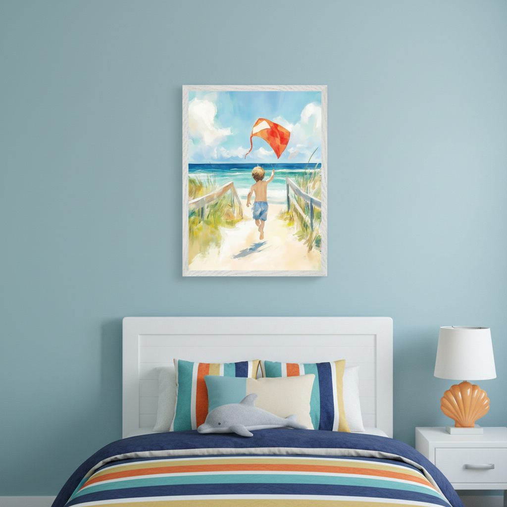 Kid's bedroom with a white bed and striped bedding. A framed watercolor painting of a boy running with a red kite on a beach path hangs above the bed. A white nightstand with an orange seashell lamp is next to the bed.
