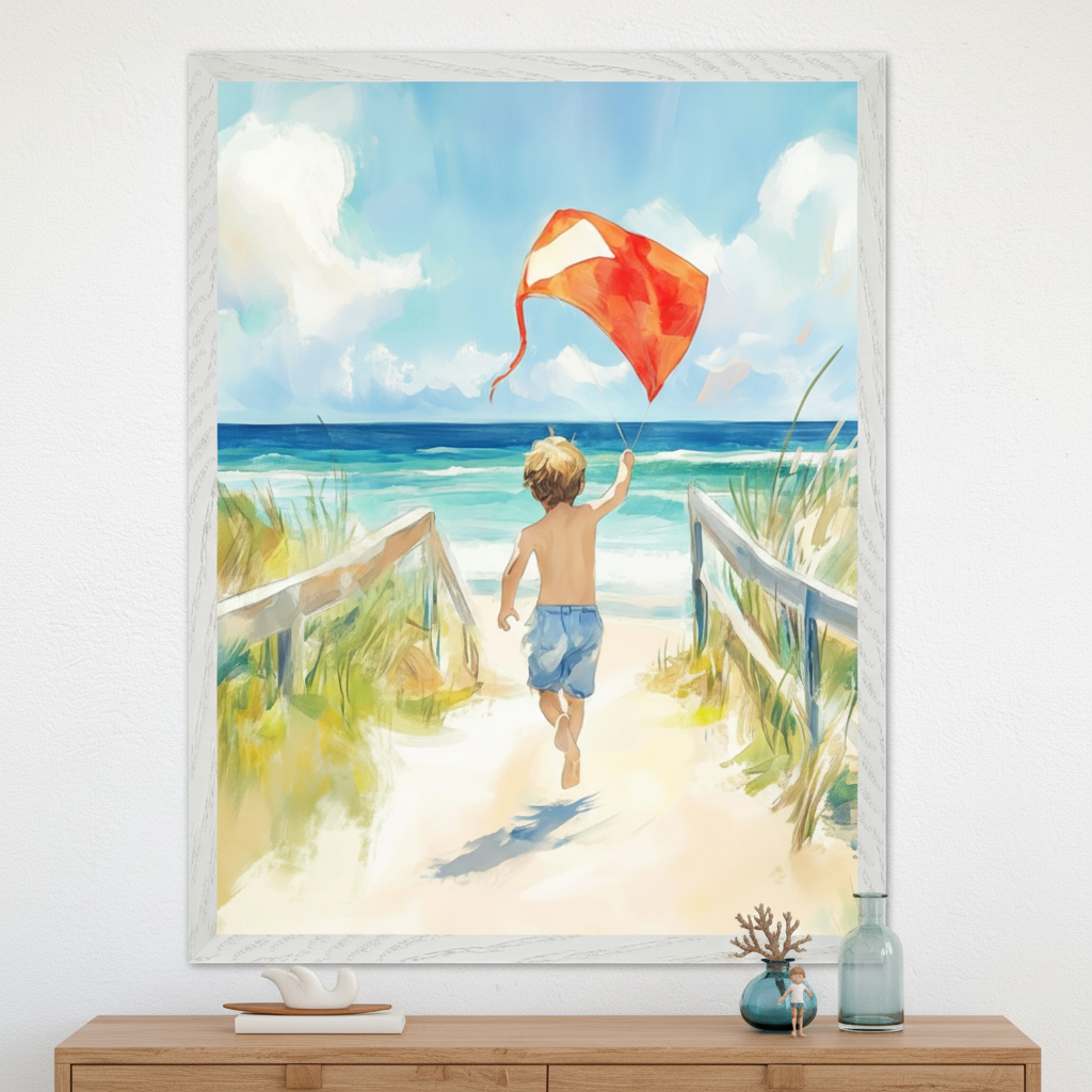Blond child in denim shorts runs along a sunlit dune trail, flying a red kite as waves roll in under a cloud-dappled sky. The framed painting evokes the freedom and fun of a seaside summer day, styled above a natural wood dresser.