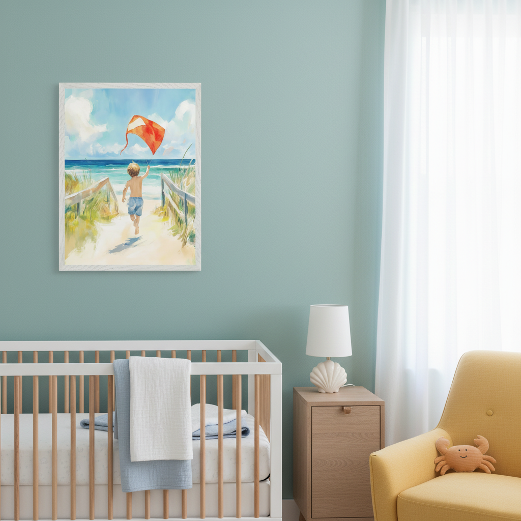 Modern nursery with a white crib, light wood bedside table, and yellow armchair. A framed watercolor painting of a boy running on a beach path with an orange kite hangs on the light blue-green wall above the crib.
