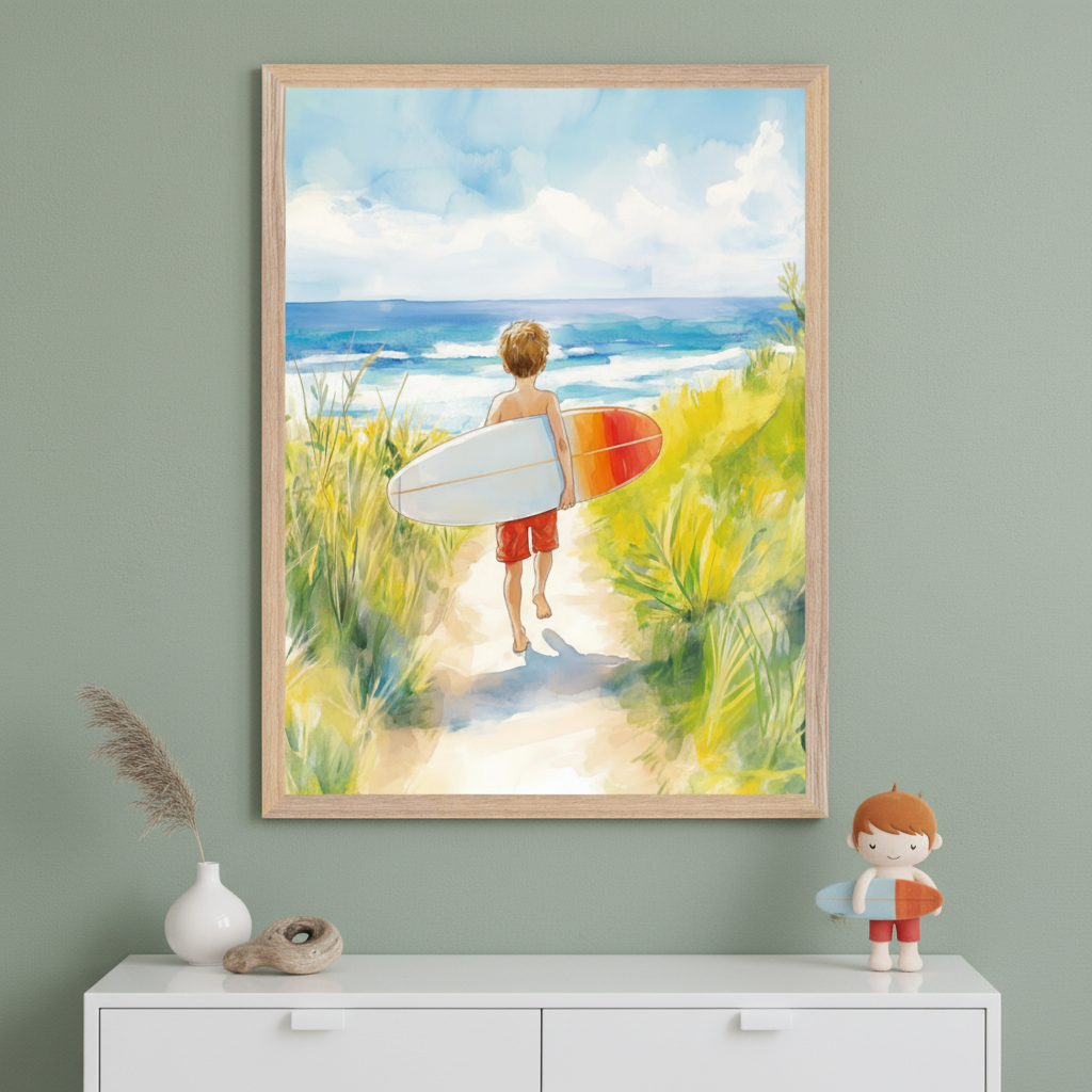 A child heads to the beach with a surfboard tucked under his arm, surrounded by bright green dune grass and blue skies in a soft watercolor painting. The scene brings a sense of quiet anticipation and summer exploration to a coastal-inspired room.