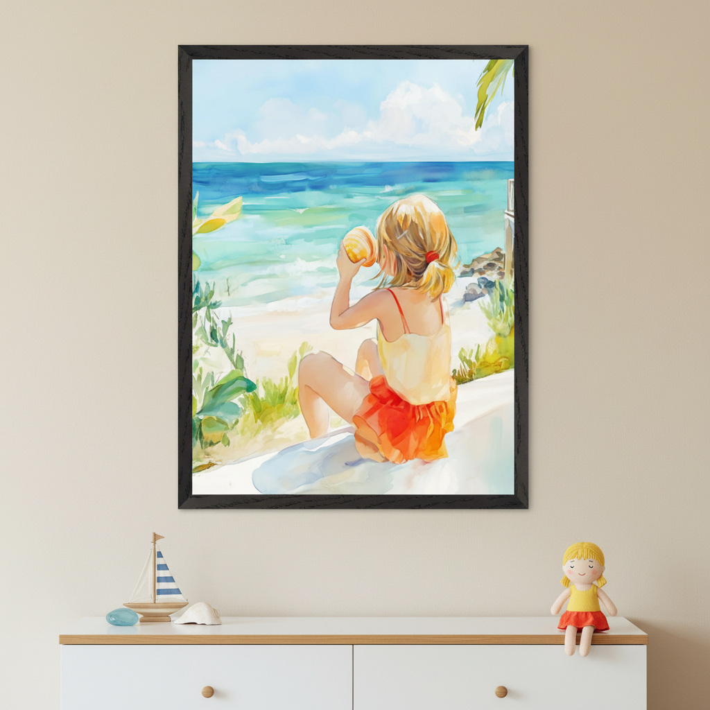 A little girl listens to a seashell while sitting near the beach, dressed in a flowy orange skirt and surrounded by lush greenery and soft waves. The cheerful painting brings a sense of wonder and summer warmth to a coastal-inspired space.
