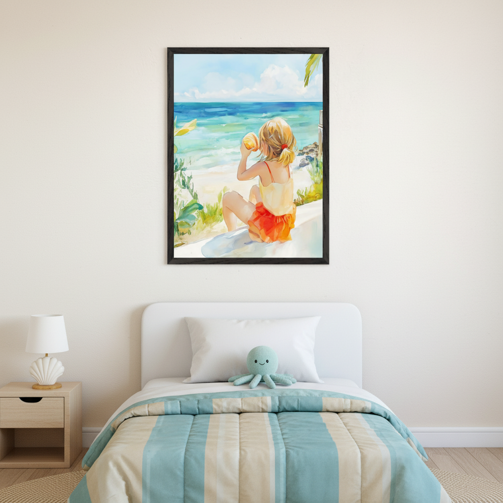 Kid's bedroom with a white bed and wood nightstand. A black-framed watercolor painting of a blonde girl looking at the turquoise ocean from a sandy beach hangs above the bed.