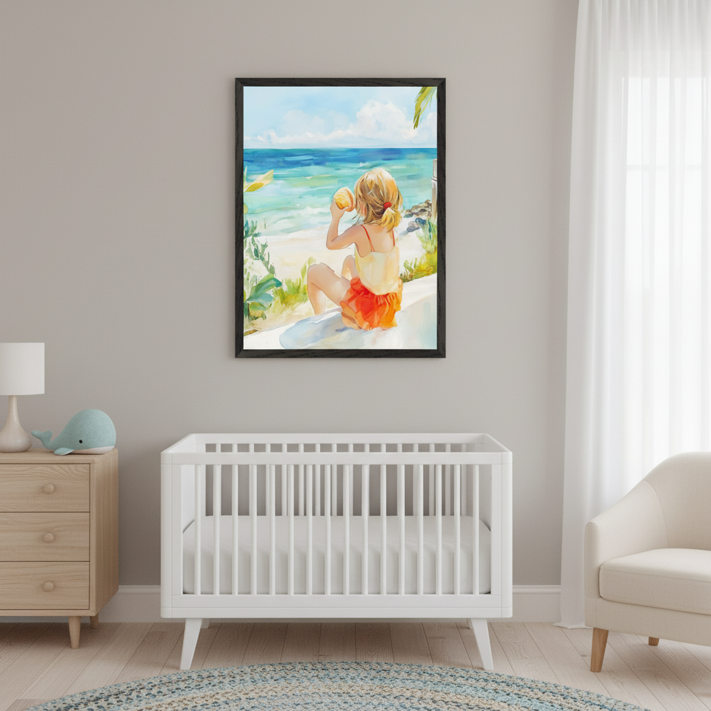 Modern nursery with a gray wall, white crib, wooden dresser, and armchair. A large framed watercolor of a girl sitting by a beach, holding a fruit, and looking at the turquoise ocean hangs above the crib.