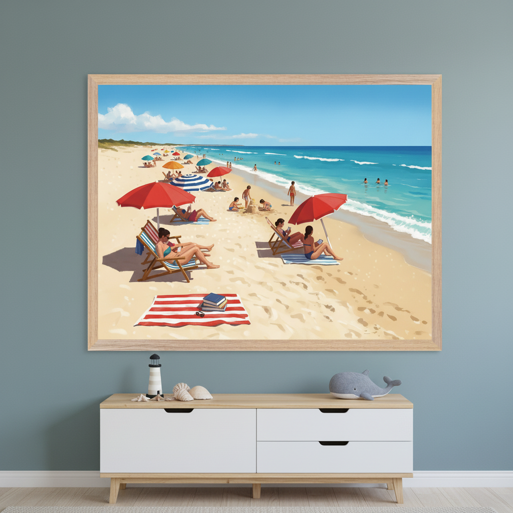 Modern room with a light wood and white console table. A large framed illustrative painting of a crowded sunny beach with people swimming and sunbathing under colorful umbrellas hangs centered above.