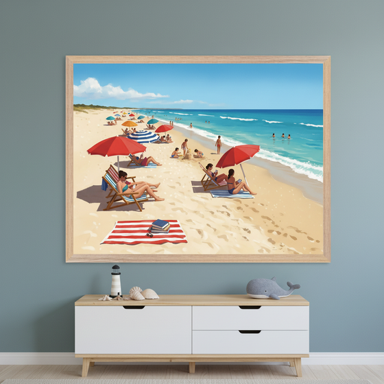 Modern room with a light wood and white console table. A large framed illustrative painting of a crowded sunny beach with people swimming and sunbathing under colorful umbrellas hangs centered above.