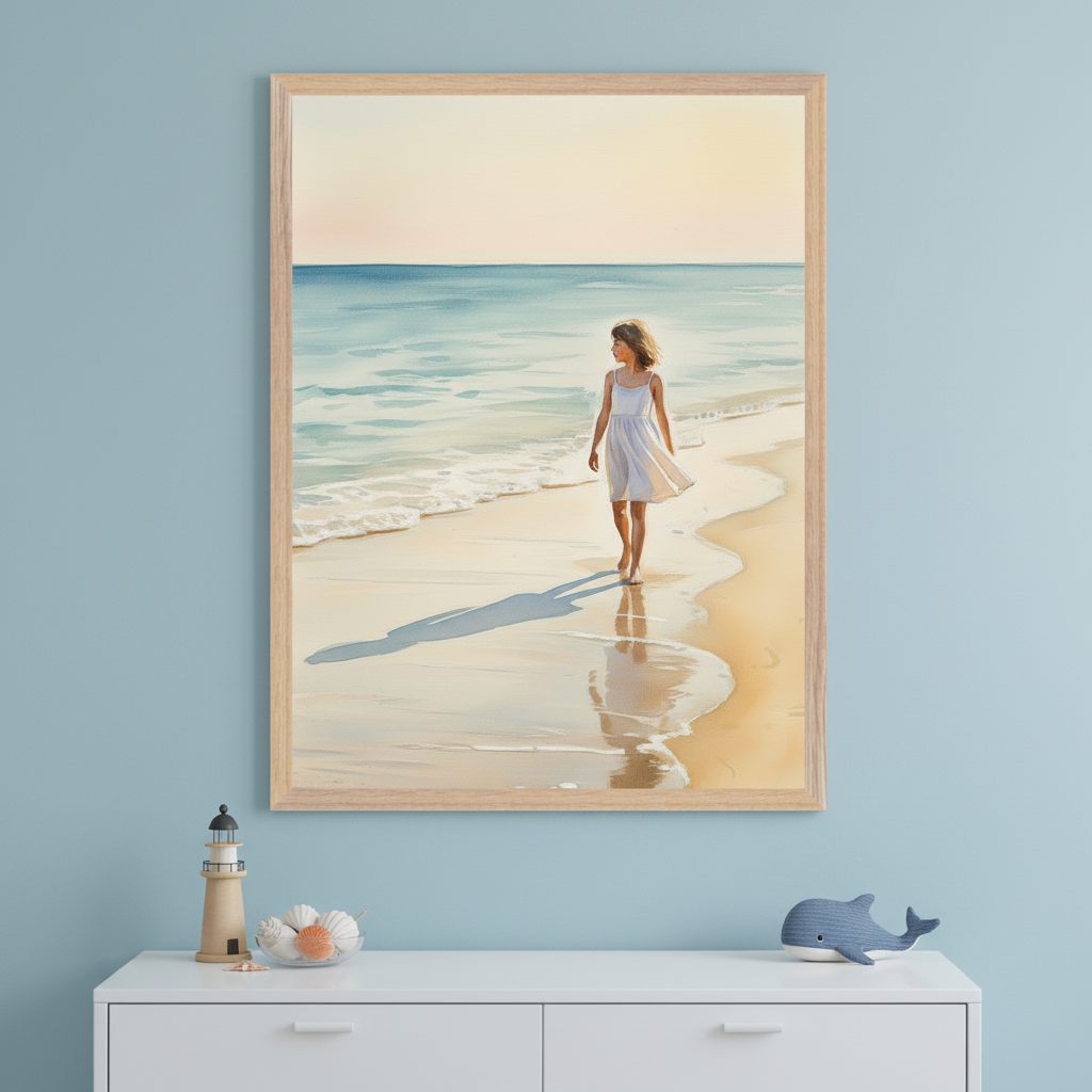 Modern room with peach walls. A large framed watercolor painting of a girl walking on a sunny beach is centered above a white dresser. The dresser holds a vase with dried grass, a doll, a blue vase, and a wooden whale.