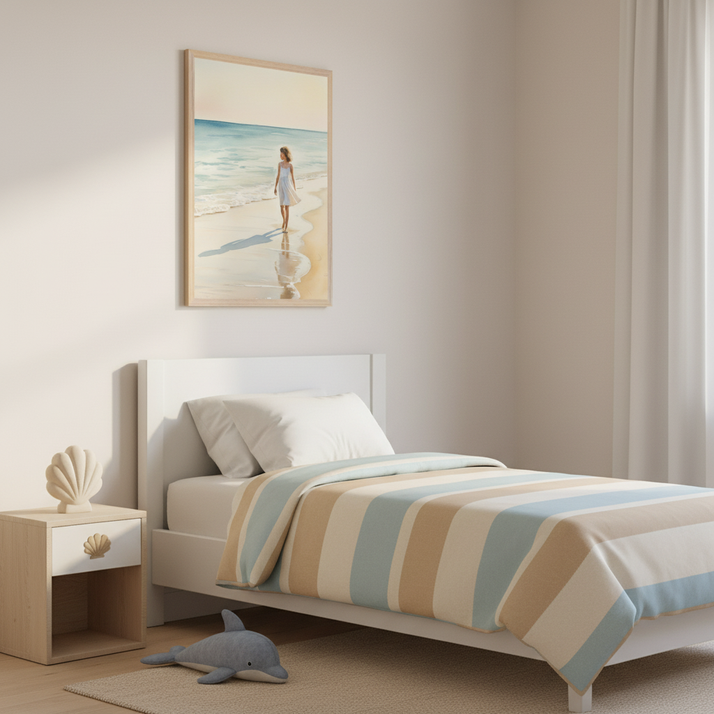 Kid's bedroom with a white single bed and blue, tan, and white striped bedding. A wood nightstand is on the left. Centered above the bed, a framed print depicts a girl in a white dress walking on a sandy beach at the water's edge.