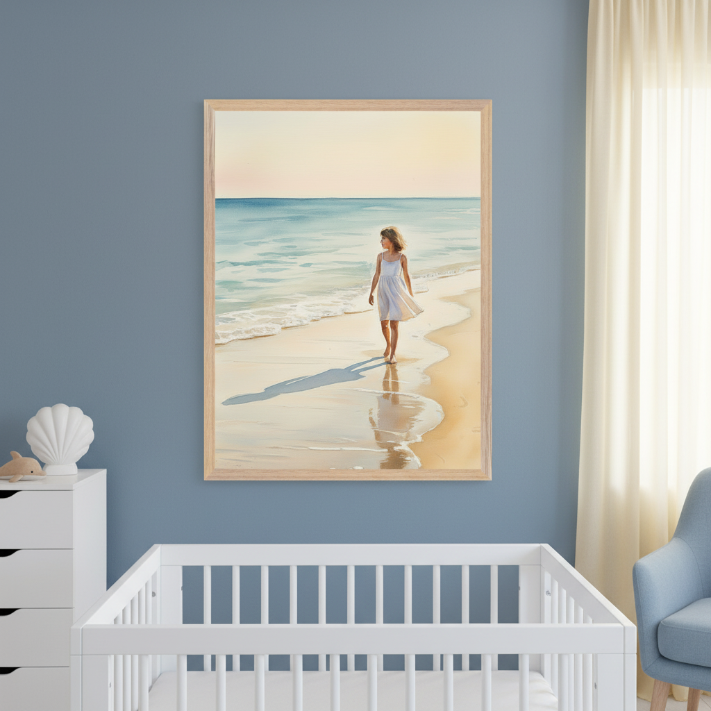 Modern nursery with a blue wall, white crib, and dresser. A large framed watercolor painting of a girl in a white dress walking on a sunny beach with waves and a long shadow hangs above the furniture. A light blue armchair is on the right.