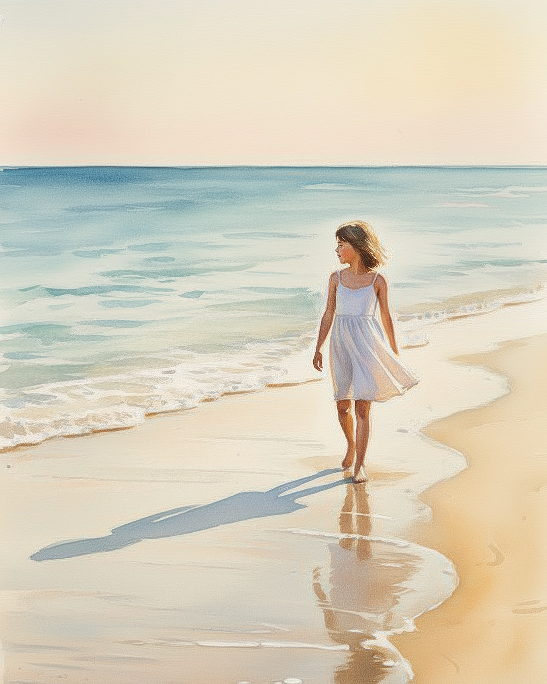 A young girl in a white dress walks along the beach, her feet touching the gentle waves, with the sun setting in the background and casting a soft glow over the scene.