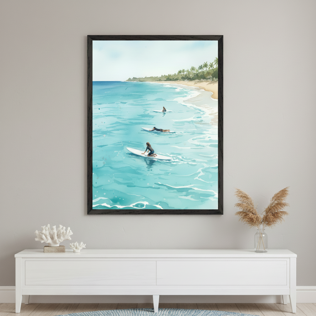 Framed beach-themed artwork featuring three surfers paddling on turquoise water near a tropical shoreline lined with palm trees. The calm sea and clear skies create a peaceful, laid-back atmosphere, capturing the essence of a sunny day at the coast.