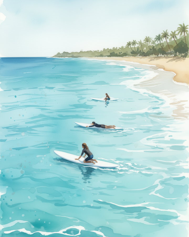 Three surfers paddle on their boards in the clear blue ocean near a sandy beach lined with palm trees, under a bright sky.