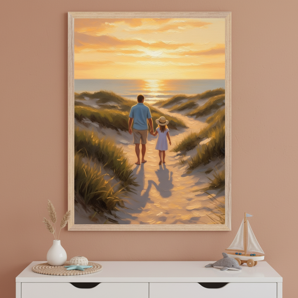 Illustration of a man and a young girl holding hands while walking barefoot on a sandy path through dunes at sunset, displayed above a white dresser with coastal decor including a toy sailboat and seashells.
