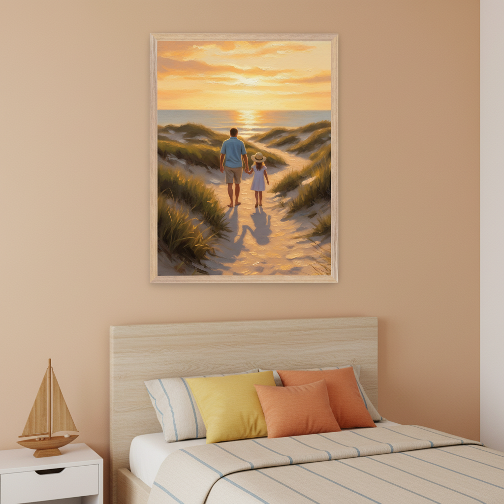 Warm-toned bedroom with a framed artwork of a father and daughter strolling toward the ocean as the golden sun sets, hung above a bed with striped linens and soft orange and yellow pillows.