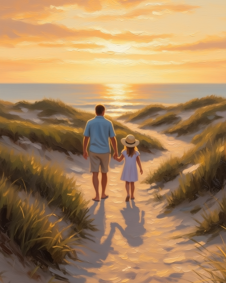 A man and a young girl, holding hands, walk along a sandy path through grassy dunes towards a sunset over the ocean. The sky is painted with warm hues of orange and pink, and the girl's straw hat adds a charming touch to the serene scene.