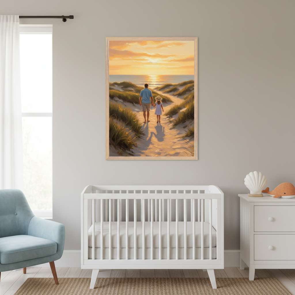 Serene nursery featuring a beach sunset painting of a man and girl walking together on a sandy path lined with tall grass, displayed above a white crib with simple seashell and ocean-themed accents.
