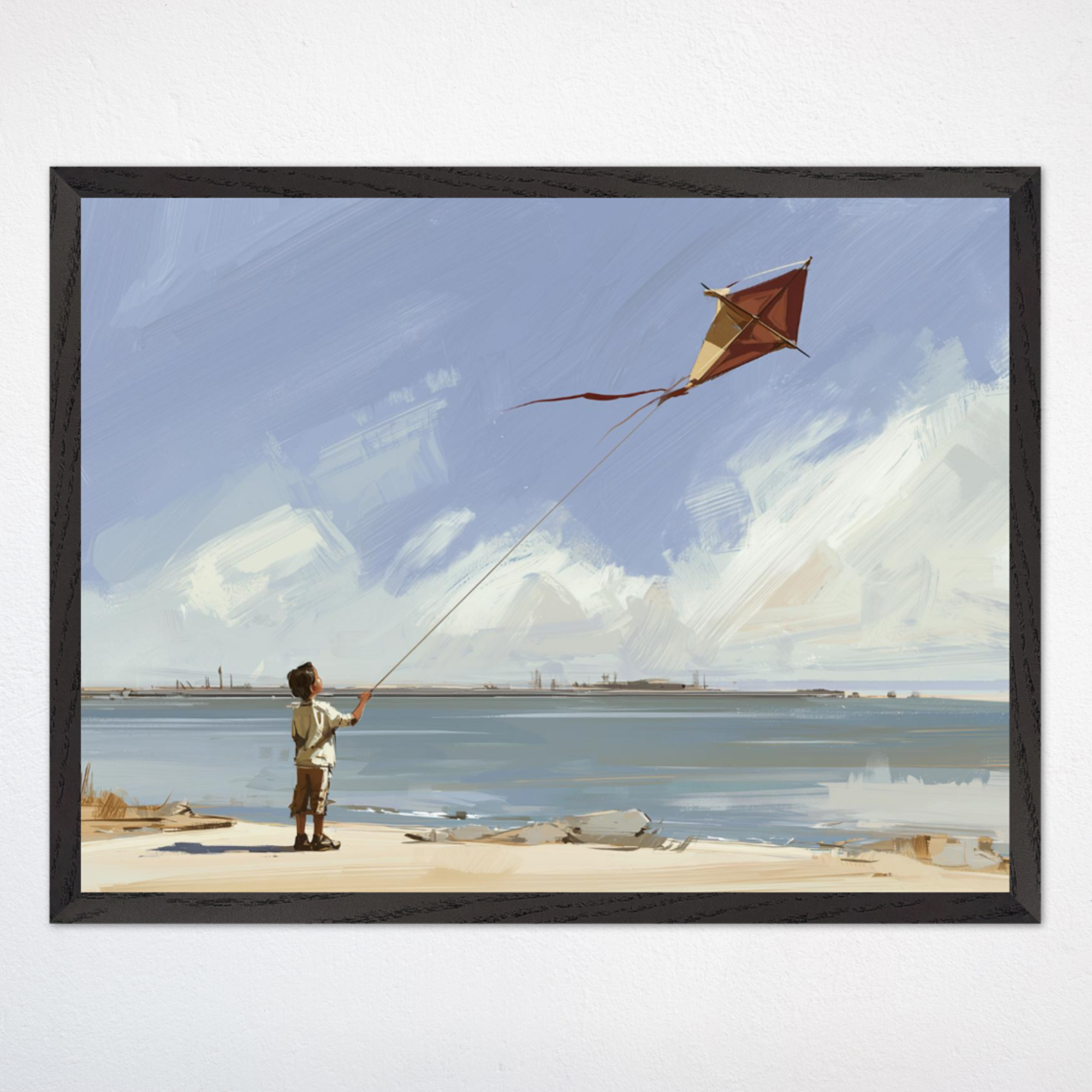 Young boy flying a red kite on a peaceful sandy beach under a partly cloudy sky. The kite floats high above the calm ocean, capturing a carefree moment.