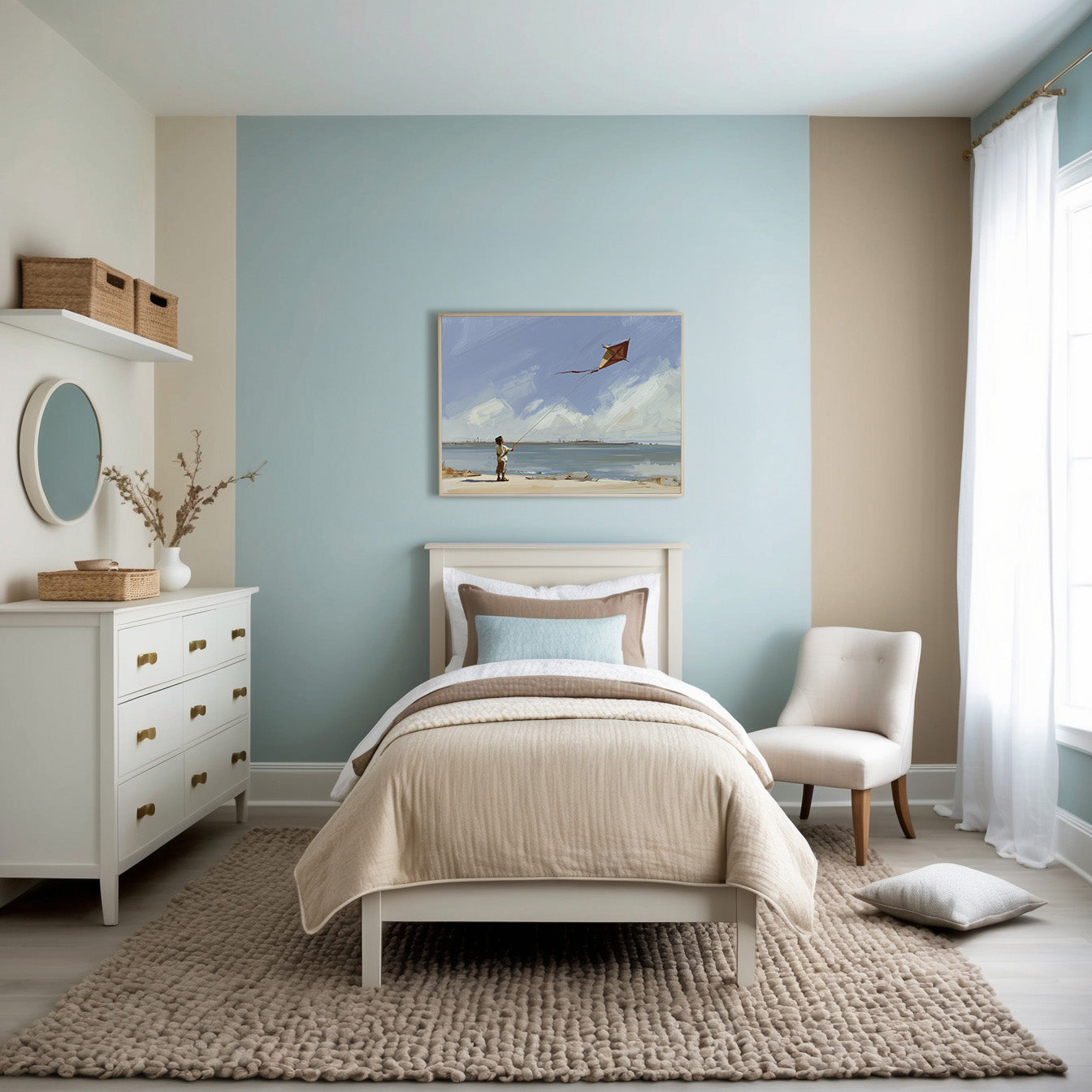 Cozy bedroom featuring soft beige and blue decor, with a neatly made twin bed, plush rug, dresser, and minimalist chair. A framed painting above the bed shows a child flying a kite on a serene beach, complementing the room's calming ambiance.