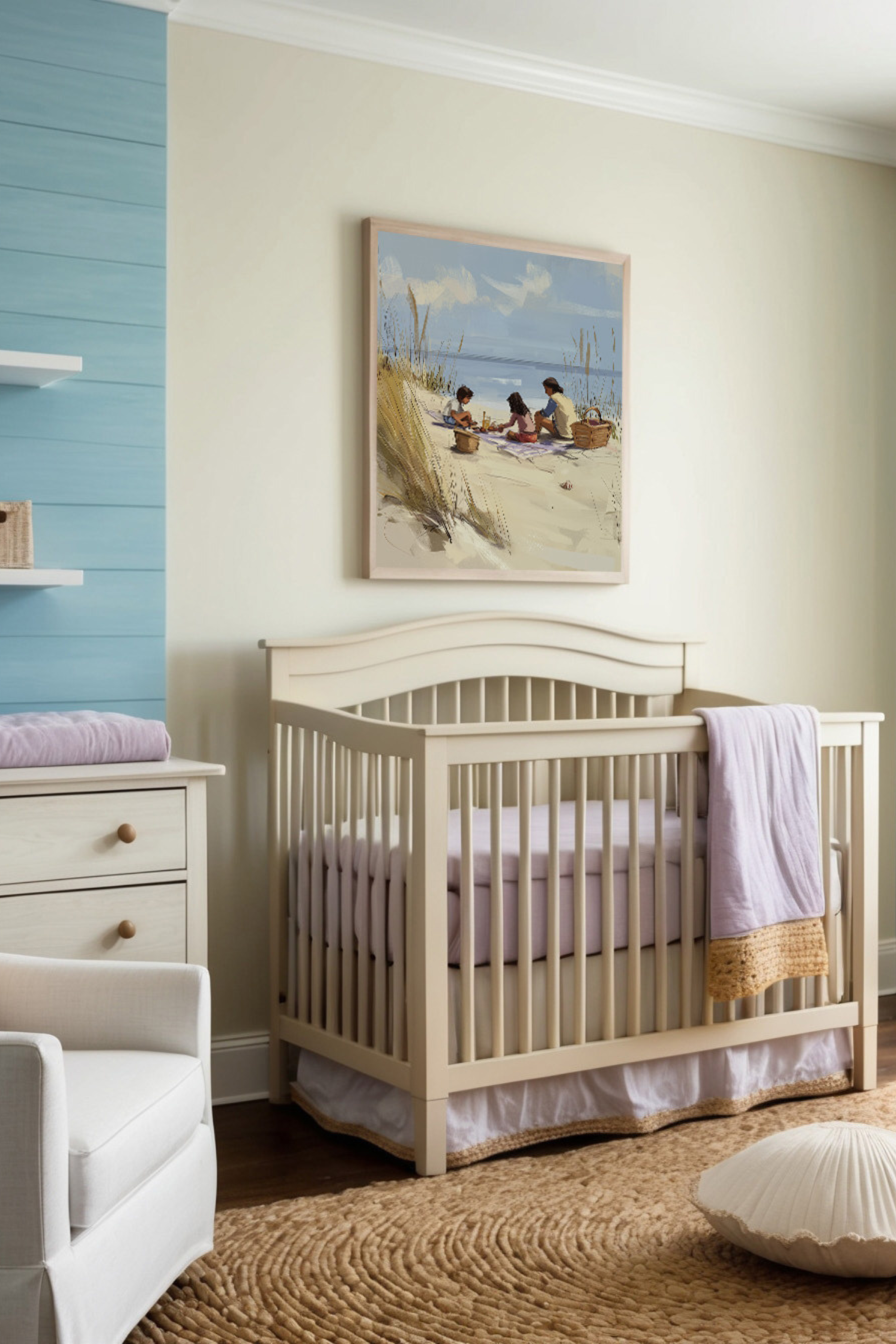 A soothing nursery with soft lavender and neutral tones, featuring a wooden crib and matching furniture. Above the crib hangs a beach-themed painting depicting a family enjoying a picnic on sandy dunes, contributing to the room's relaxed and inviting atmosphere.