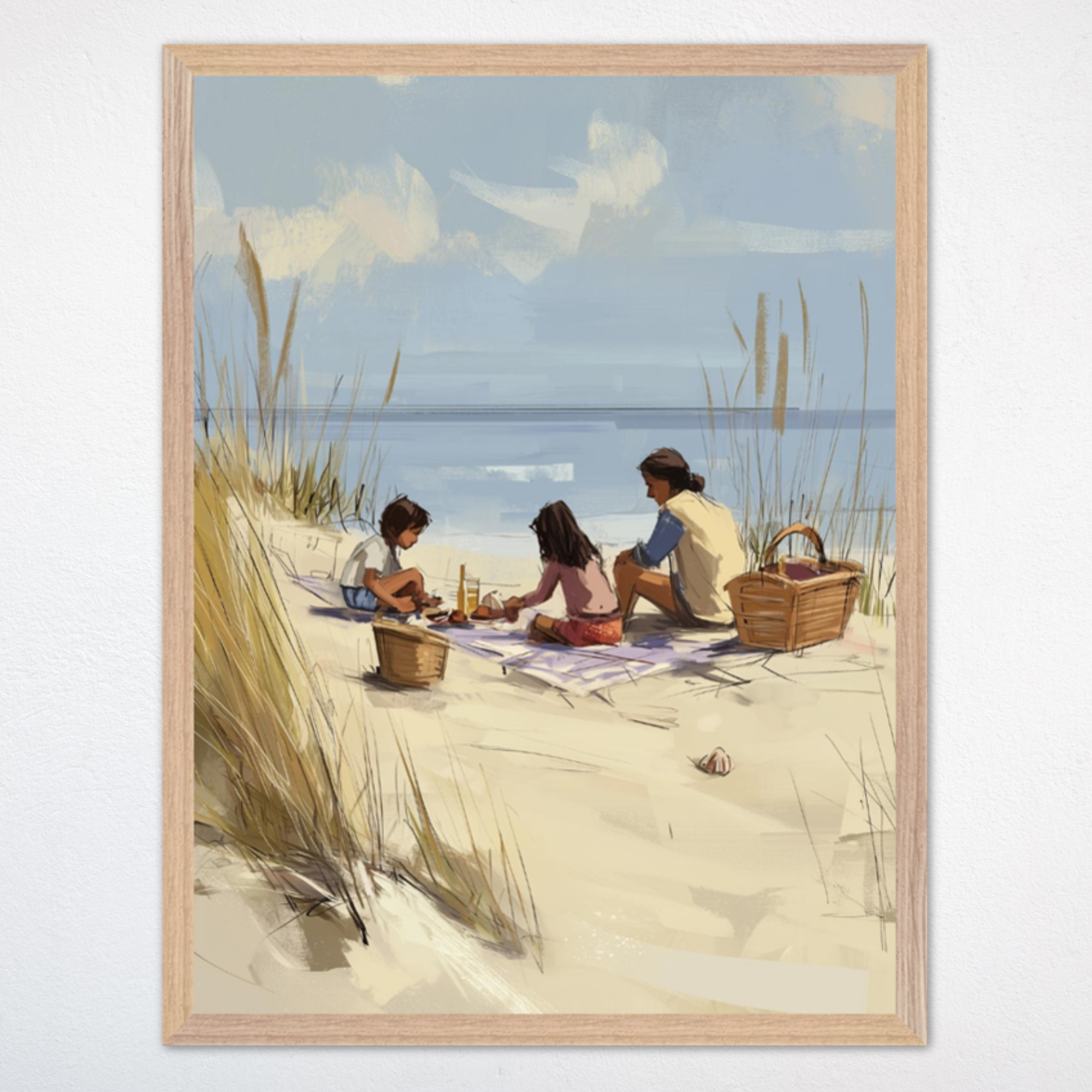 Illustration of a family having a picnic on a sandy beach. They sit on a blanket surrounded by picnic baskets, with tall beach grass framing the scene and calm ocean water in the background.