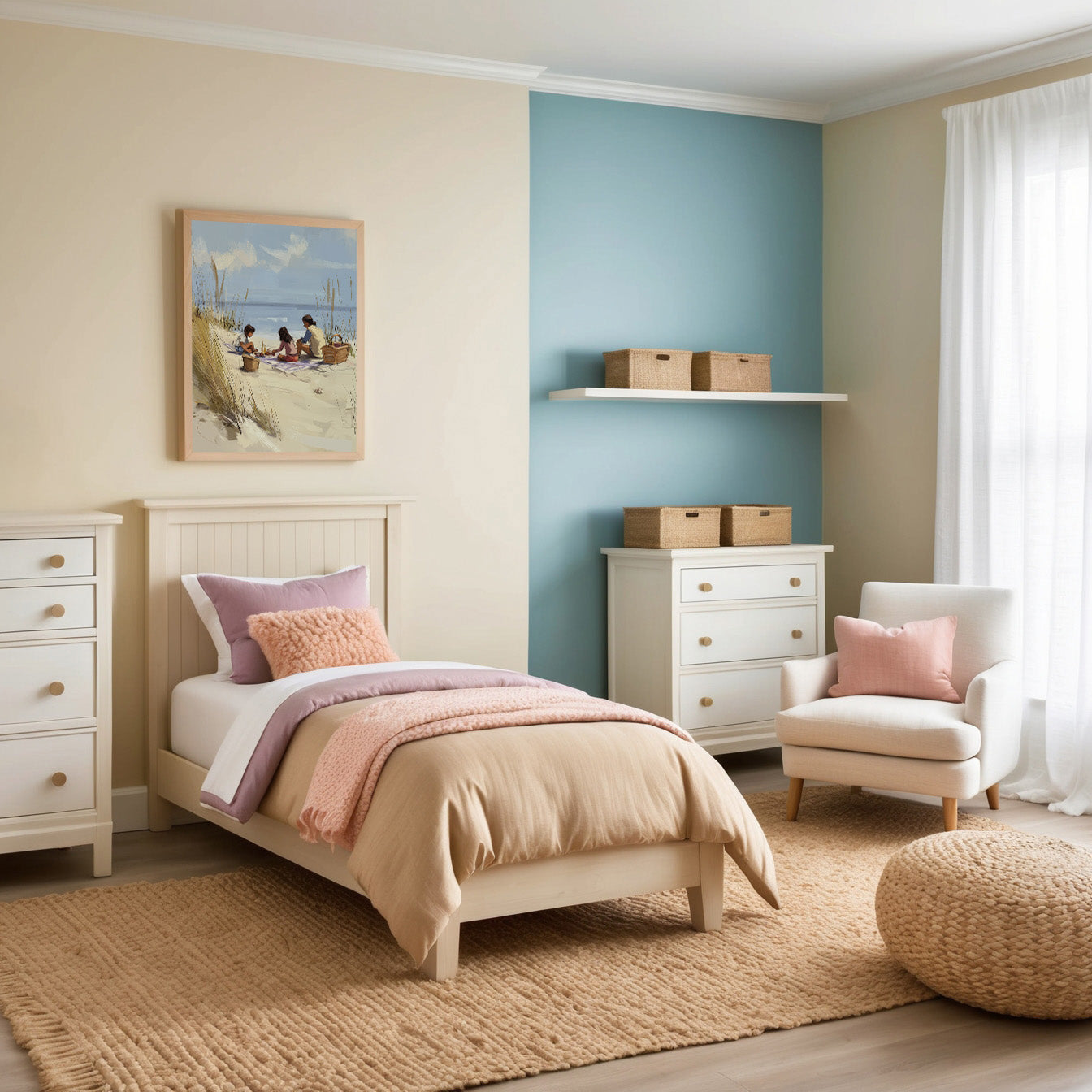 A welcoming bedroom styled with soft pastel tones of beige, pink, lavender, and white, featuring a single bed with cozy bedding, white furniture, wicker storage baskets, and a beach-themed painting of children playing in the sand.