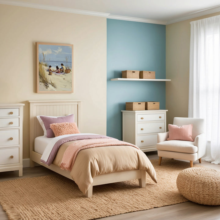 A welcoming bedroom styled with soft pastel tones of beige, pink, lavender, and white, featuring a single bed with cozy bedding, white furniture, wicker storage baskets, and a beach-themed painting of children playing in the sand.