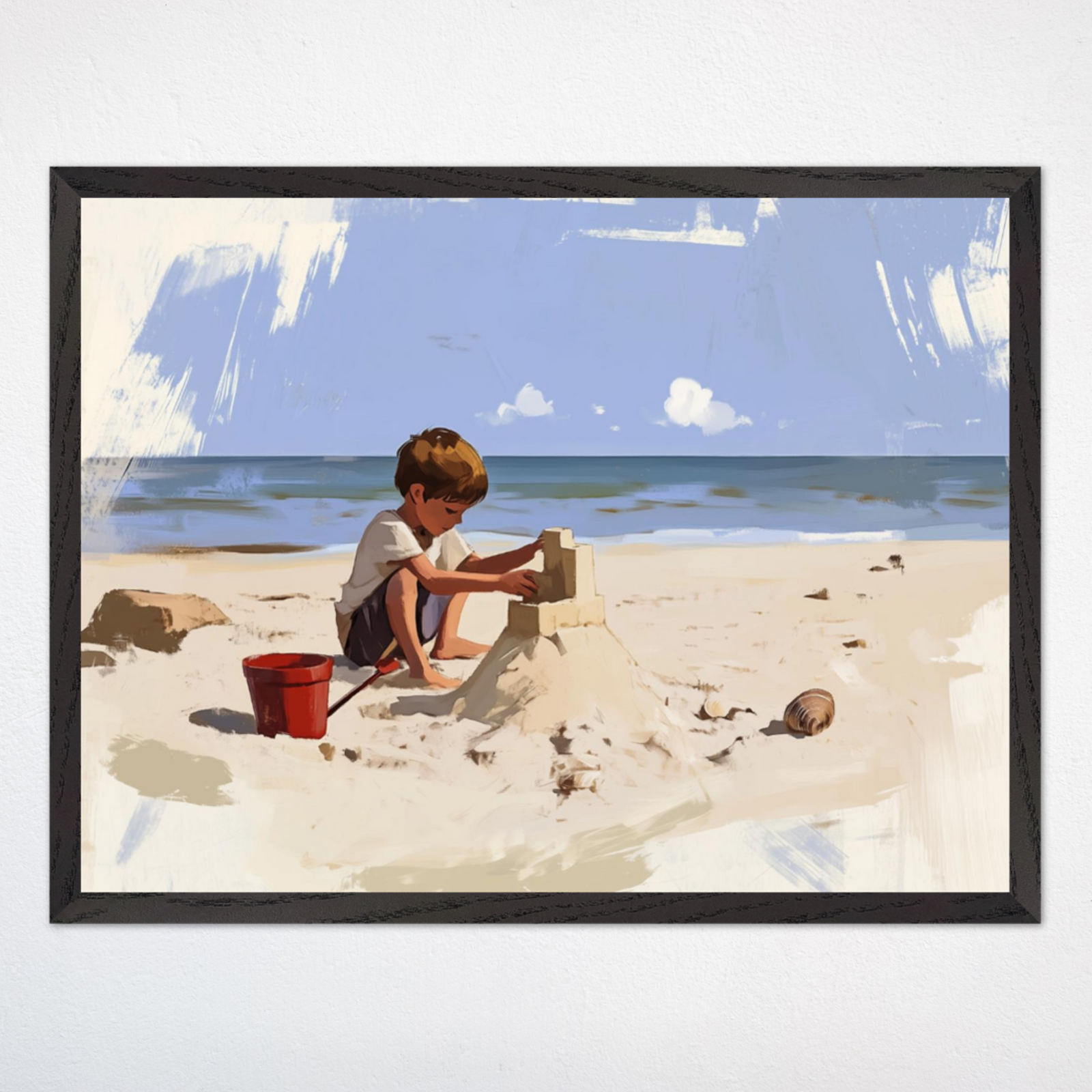 A young boy building a sandcastle on a sunny beach. He is focused on shaping the castle, with a red bucket nearby and gentle ocean waves in the background.